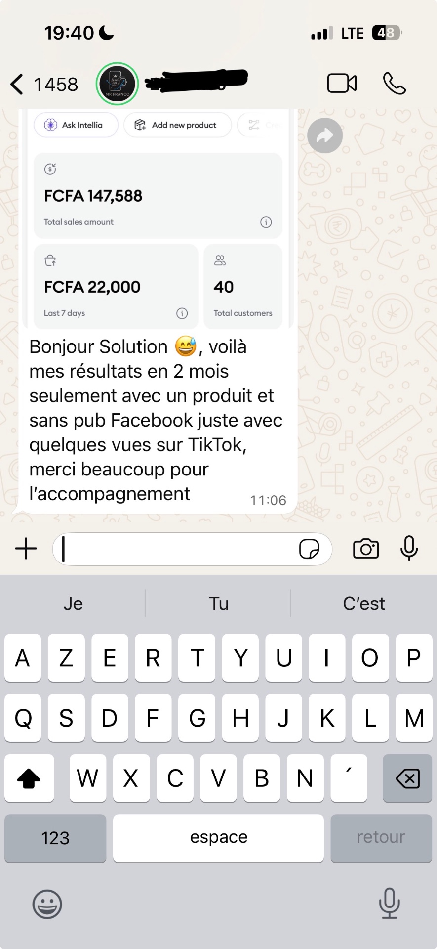 Témoignage WhatsApp — résultats en 2 mois