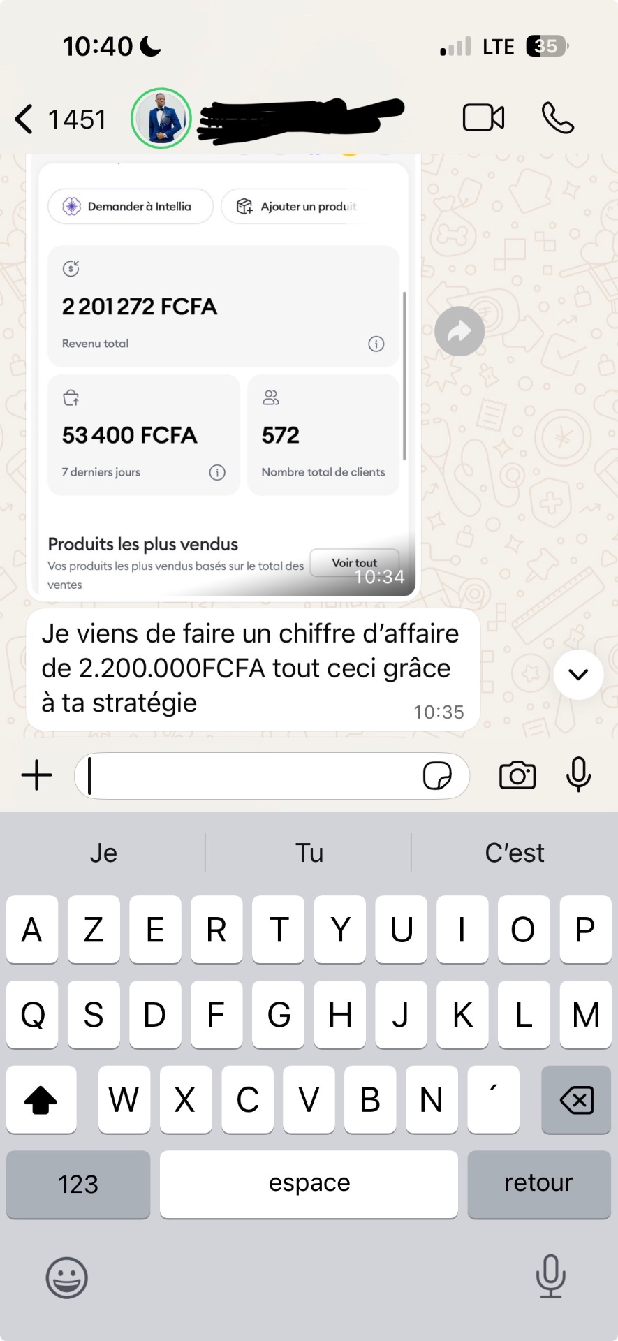 Témoignage WhatsApp — 2 200 000 FCFA