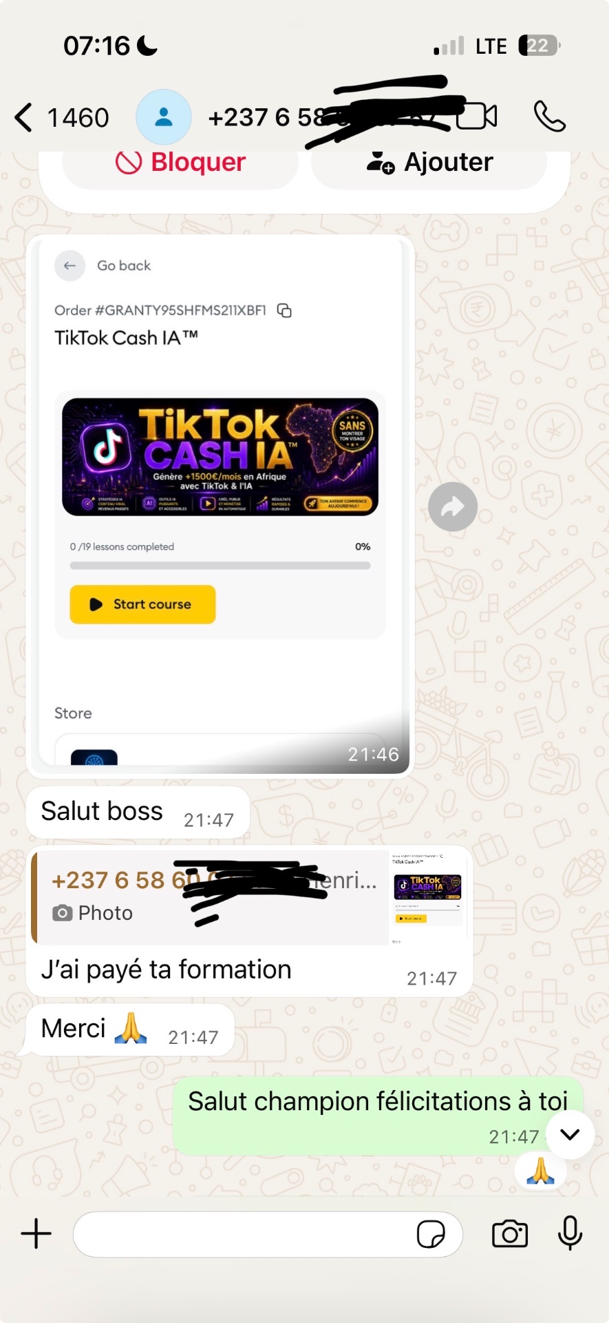 Témoignage WhatsApp — formation payée, merci boss